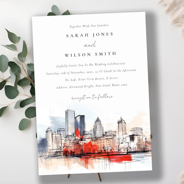 Boston Massachusetts City Scape Watercolor Wedding Invitation (Creator Uploaded)