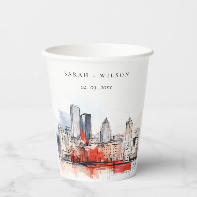Boston Massachusetts City Scape Watercolor Wedding Paper Cups (Front)