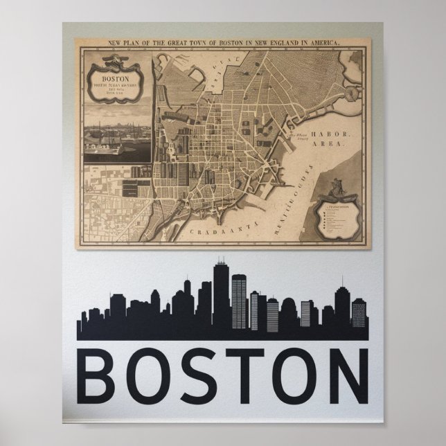 Boston Massachusetts City Skyline Avec Poster Cart (Devant)