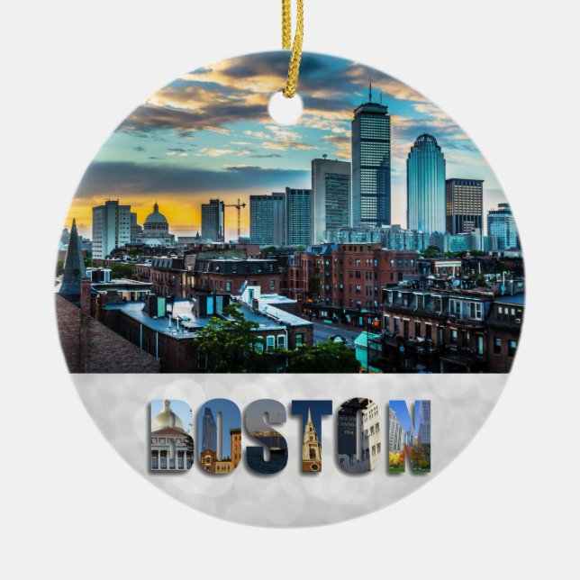 Boston Massachusetts City Skyline Christmas Ceramic Ornament (Front)