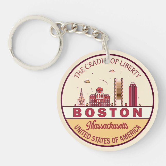 Boston Massachusetts City Skyline Emblem Keychain (Front)