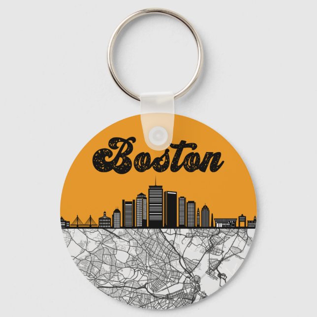 Boston Massachusetts City Skyline With Map Keychain (Front)