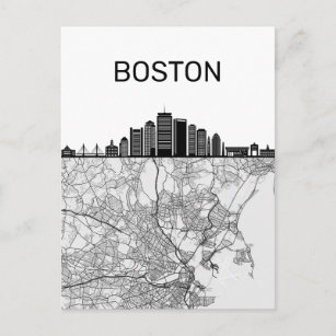 Boston Massachusetts City Skyline With Map Postcard