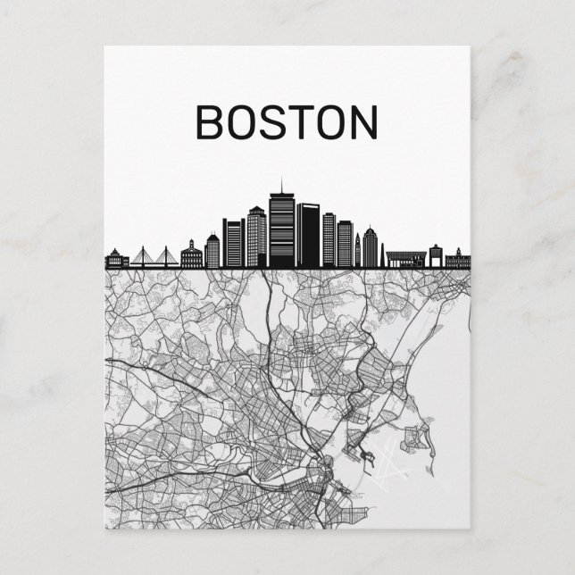 Boston Massachusetts City Skyline With Map Postcard (Front)