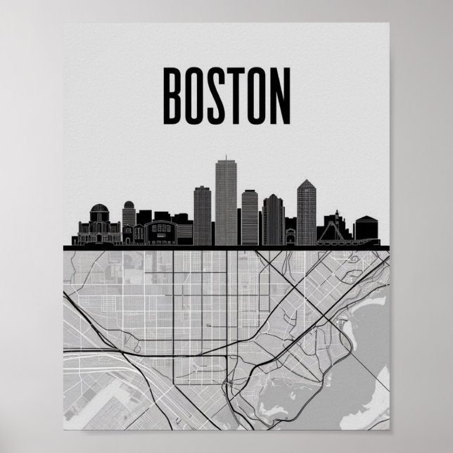 Boston Massachusetts City Skyline With Map Poster (Front)