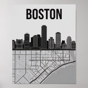 Boston Massachusetts City Skyline With Map Poster