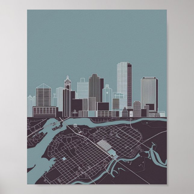 Boston Massachusetts City Skyline With Map Poster (Front)