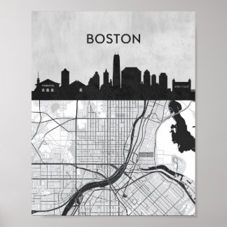 Boston Massachusetts City Skyline With Map Poster