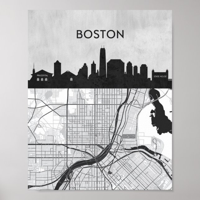 Boston Massachusetts City Skyline With Map Poster (Front)