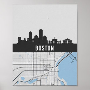 Boston Massachusetts City Skyline With Map Poster