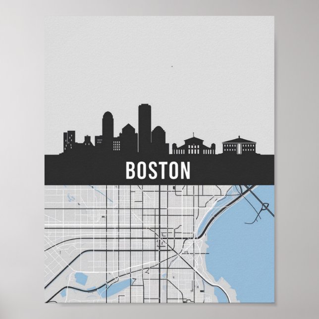 Boston Massachusetts City Skyline With Map Poster (Front)