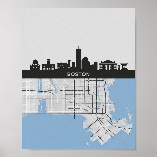 Boston Massachusetts City Skyline With Map Poster (Front)