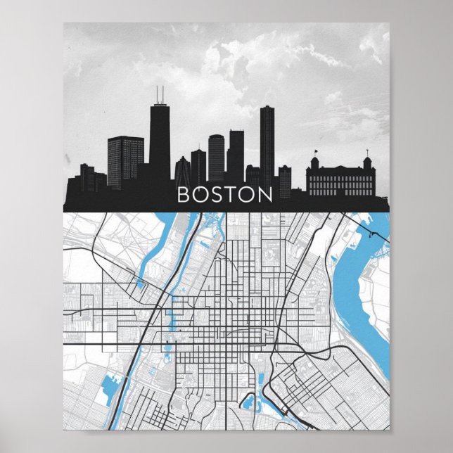 Boston Massachusetts City Skyline With Map Poster (Front)