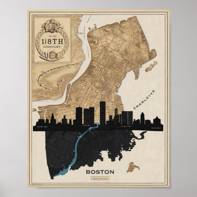 Boston Massachusetts City Skyline With Vintage Map Poster (Front)