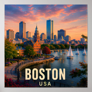 Boston Massachusetts Harbour Sunset City Views Poster