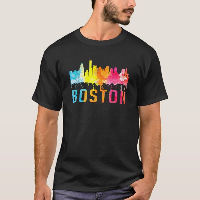 Boston Massachusetts Retro Watercolor Skyline Souv T-Shirt (Front)