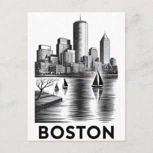 Boston Massachusetts Skyline Black White Woodcut Postcard