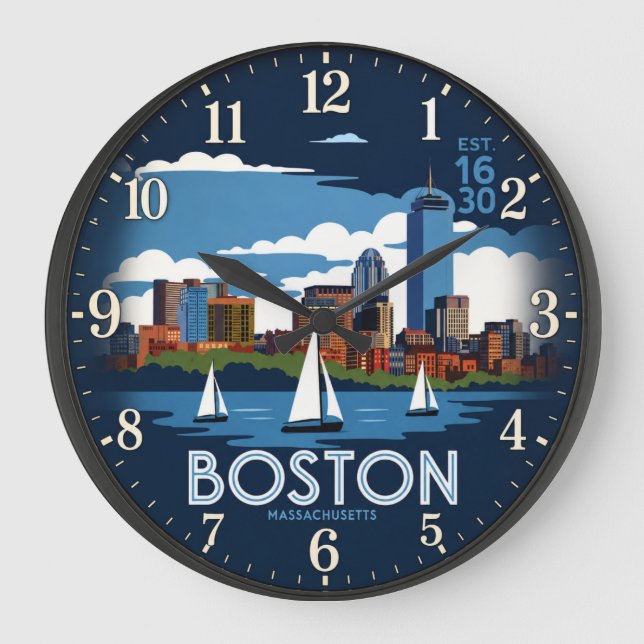 Boston Massachusetts Skyline Large Clock (Front)