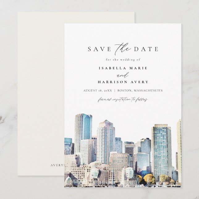 BOSTON MASSACHUSETTS Skyline Save the Date Invitation (Front/Back)