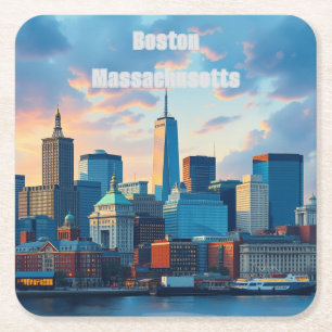 Boston Massachusetts Skyline Square Paper Coasters