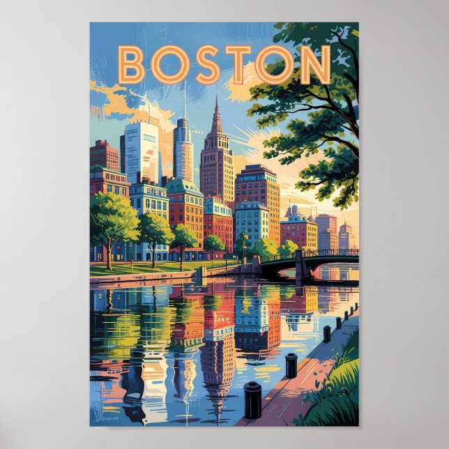 Boston Massachusetts Skyline Travel Art Vintage Poster (Front)