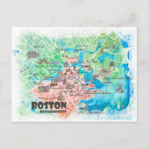 Boston Massachusetts USA Illustrated Map Postcard