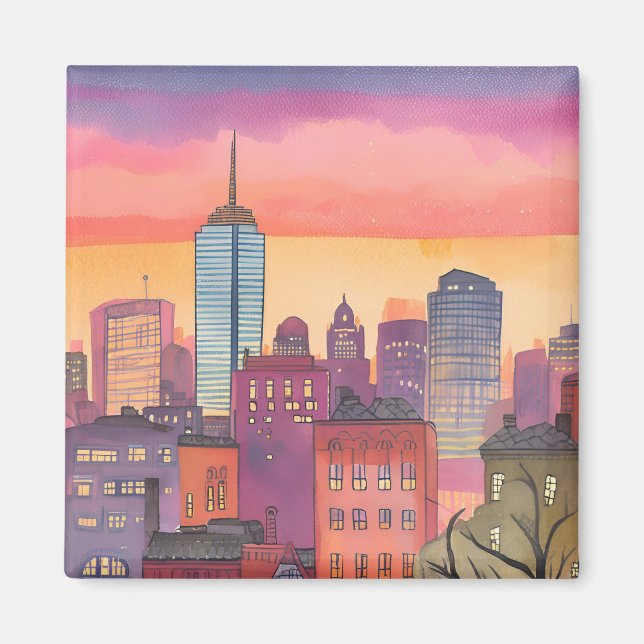 Boston North End Watercolor MA Cityscape Magnet (Front)