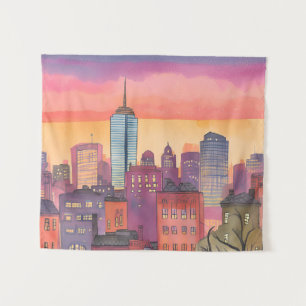 Boston North End Watercolor MA Cityscape Tapestry