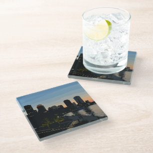 Boston Seaport Sunset City Skyline Glass Coaster