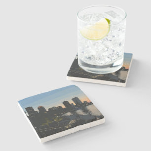 Boston Seaport Sunset City Skyline Stone Coaster