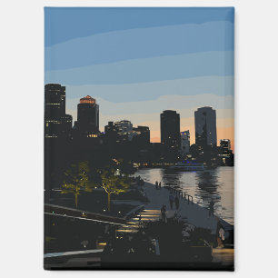 Boston Seaport Sunset City Skyline Watercolor Magnet