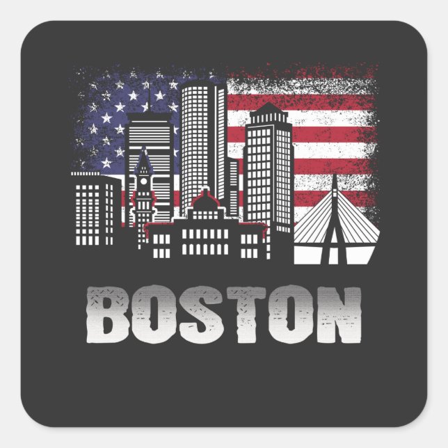 Boston Skyline American Flag Square Sticker (Front)