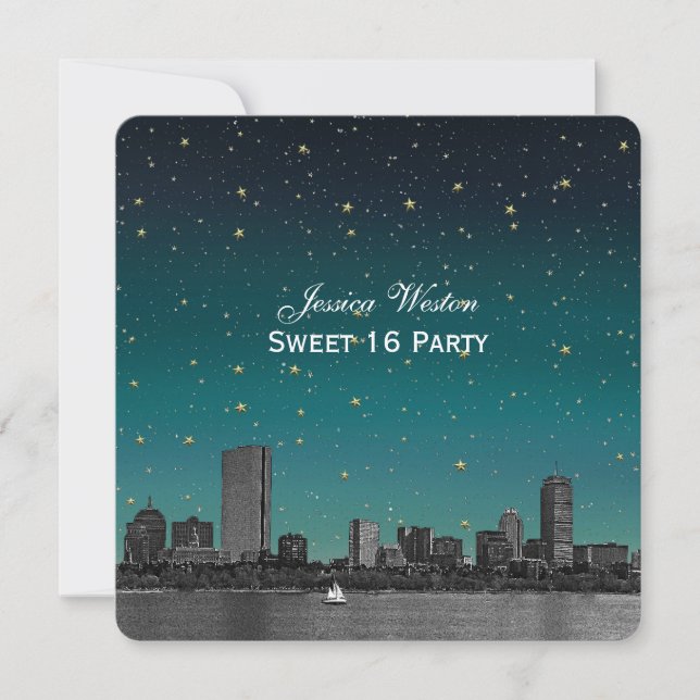 Boston Skyline Blue Starry Etched Sweet 16 Invitation (Front)