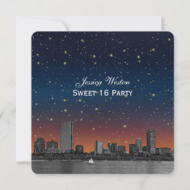 Boston Skyline Blue Starry Etched Sweet 16 Invitation (Front)