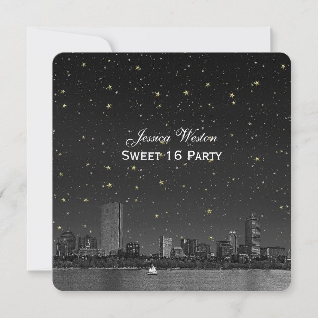 Boston Skyline Blue Starry Etched Sweet 16 Invitation (Front)