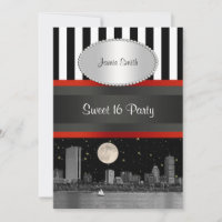 Boston Skyline BW Blk Wht Strp Red Sweet 16 Party