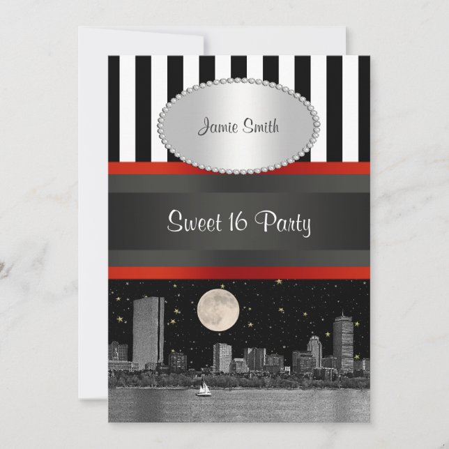 Boston Skyline BW Blk Wht Strp Red Sweet 16 Party Invitation (Front)
