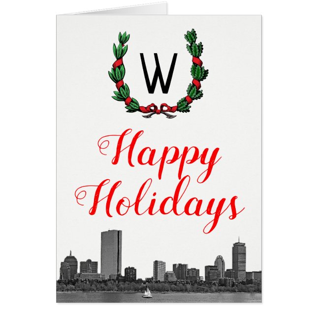 Boston Skyline Christmas Wreath Joyeux jours férié (Devant)