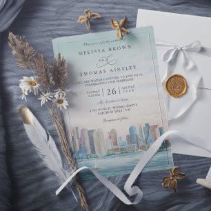 Boston Skyline Destination Elegant Modern Wedding Invitation