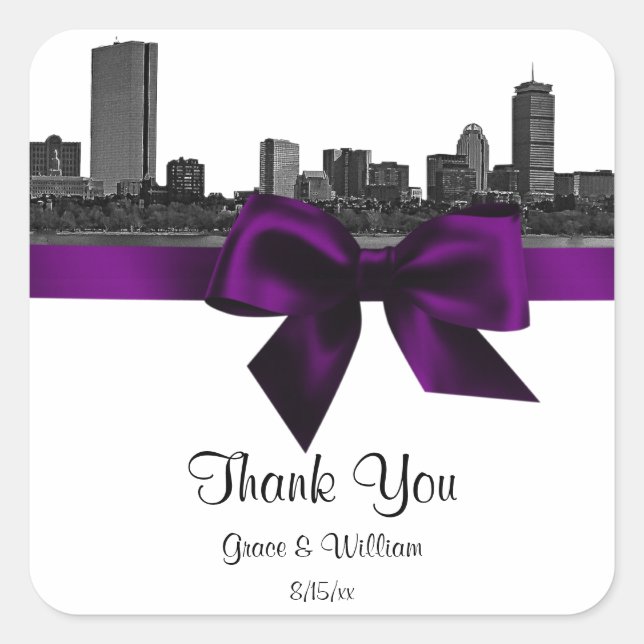 Boston Skyline Etched BW Purple Favour Tag Sticker (Front)