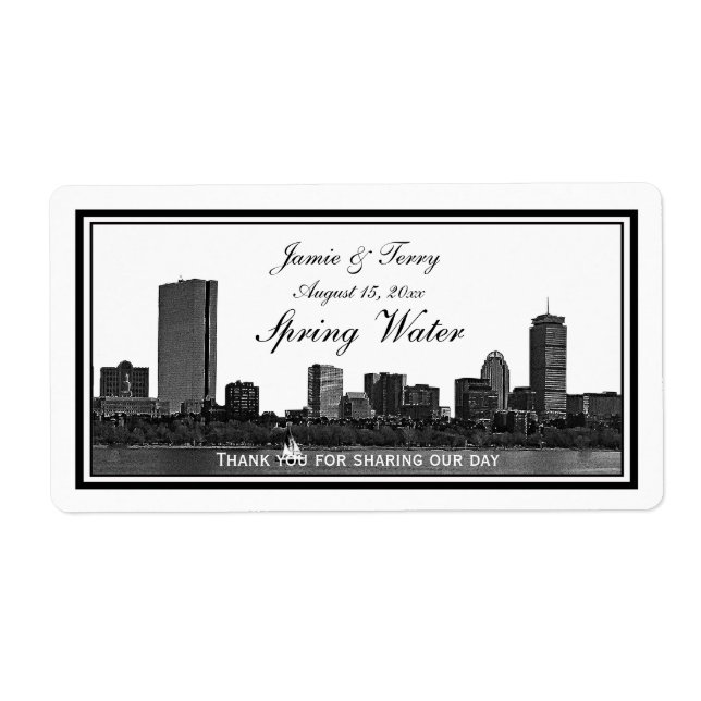 Boston Skyline Etched encadré H #2 Bouteille d'eau (Devant)