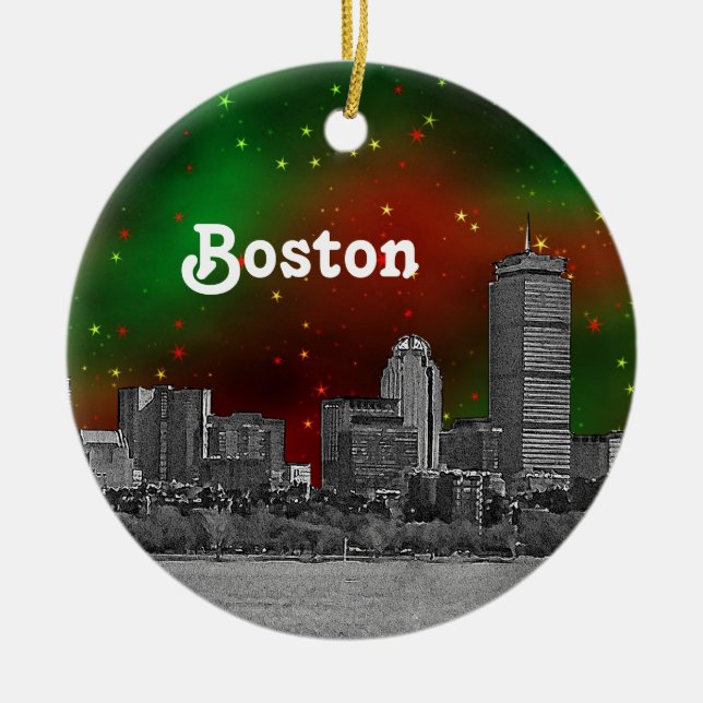 Boston Skyline Etched Green Red Starry Sky Xmas Ceramic Ornament (Front)