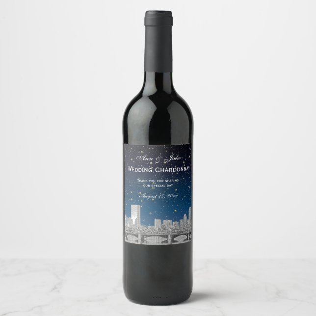 Boston Skyline Etched Starry Blue Gradient BG Wine Label (Front)