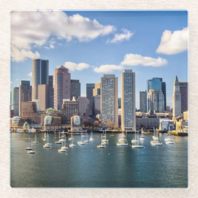 Boston skyline from waterfront glass coaster (Front)