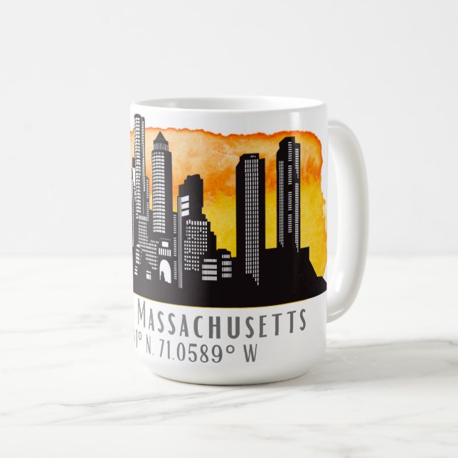 Boston Skyline Latitude and Longitude  Coffee Mug (Front Right)