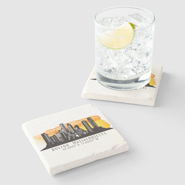 Boston Skyline Latitude and Longitude  Stone Coaster (Side)