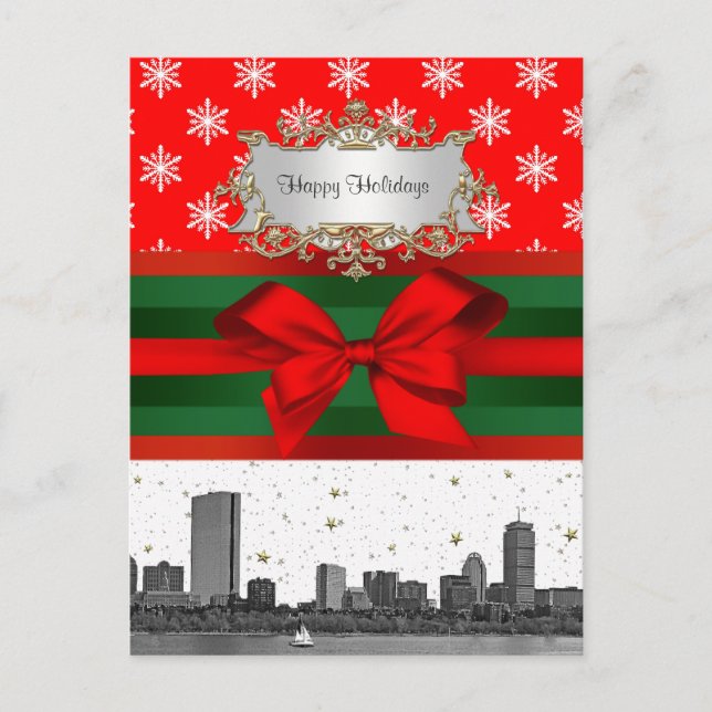 Boston Skyline Red Snowflake Christmas Holiday Postcard (Front)