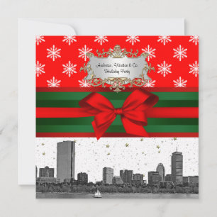 Boston Skyline Red Snowflake Christmas Invitation