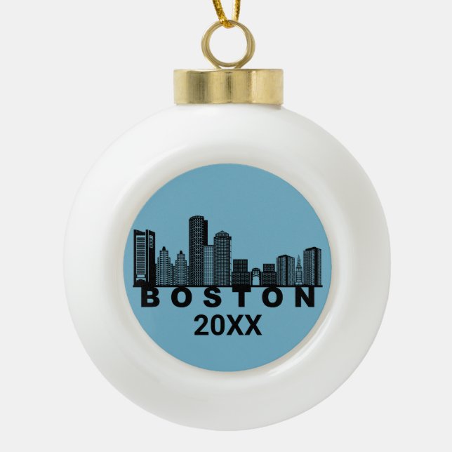 Boston Skyline Silhouette  Ceramic Ball Christmas Ornament (Front)
