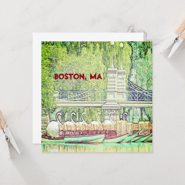 Boston Swan Boats en crayon et encre carte de note (Devant/Arrière en situation)